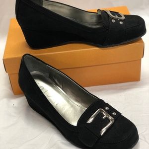 Unisa Black Wedge Heels with Silver Buckle